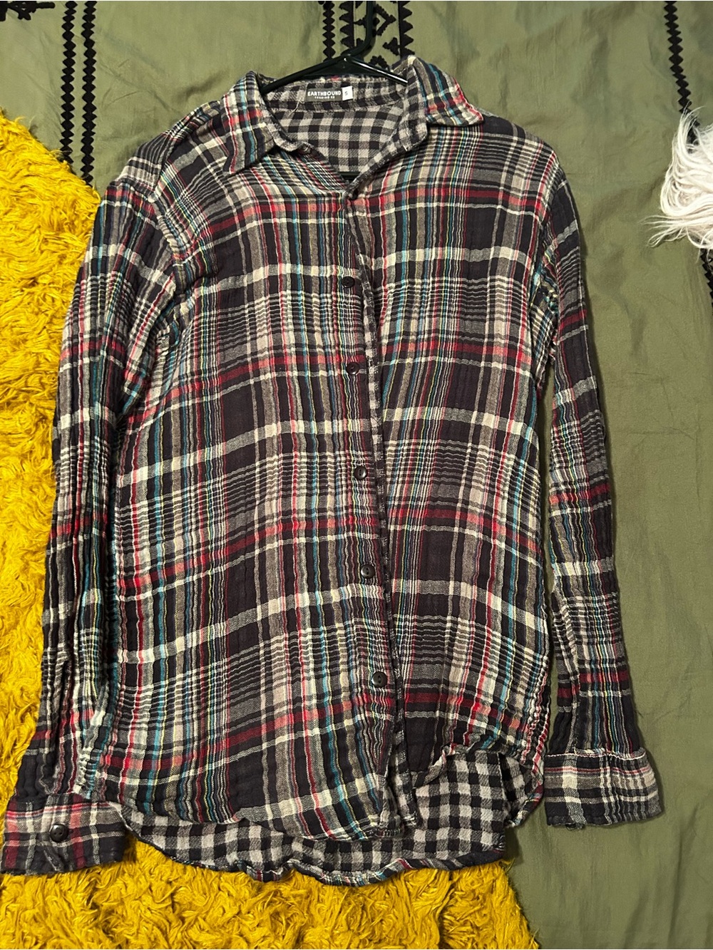 Earthbound Plaid Button-Up Shirt with Red, Blue and Cream Accent